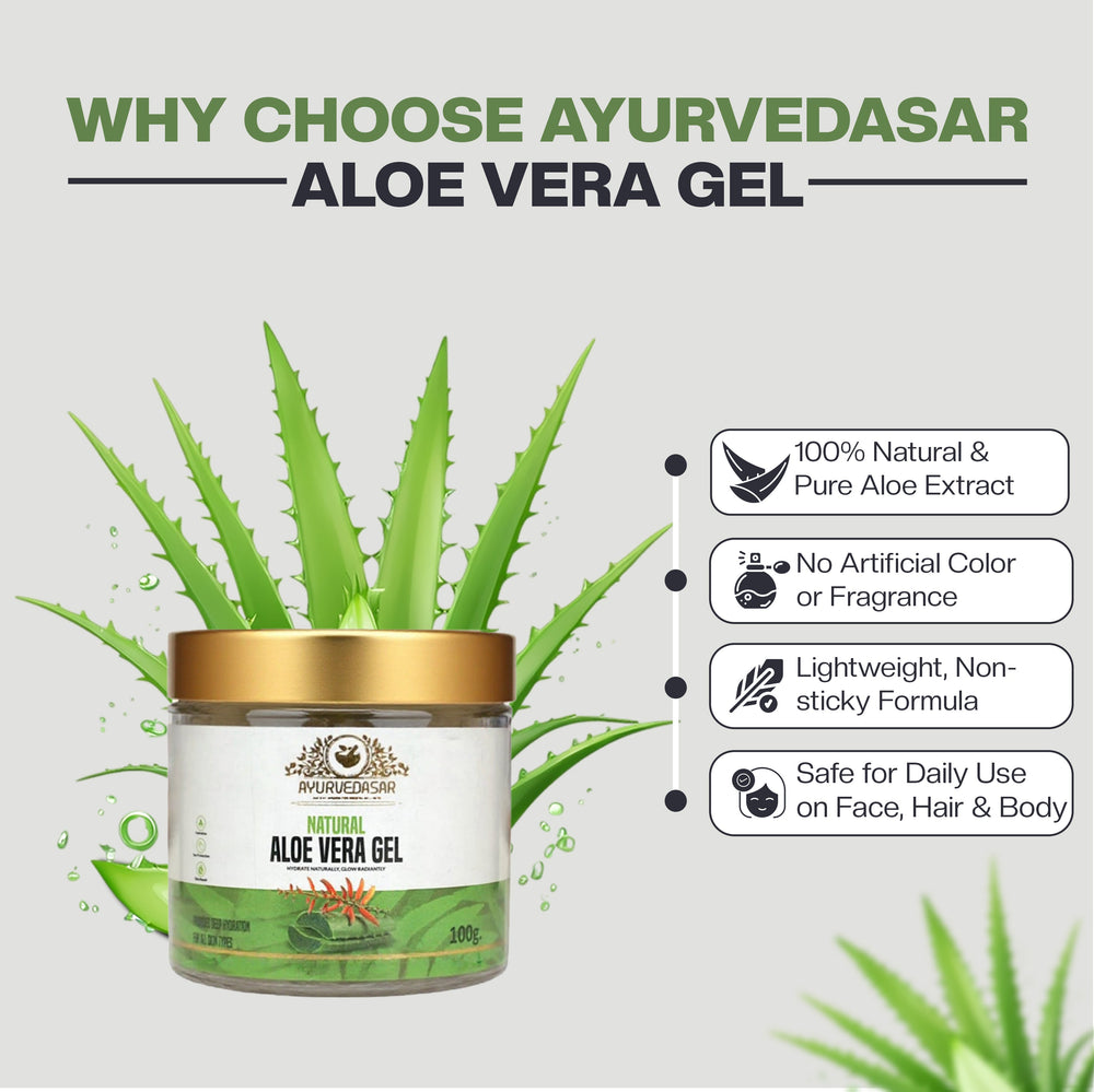 Ayurvedasar 99% Pure Natural Aloe Vera Gel - Cold-Pressed Inner Fillet for Face, Hair & Body, 100g
