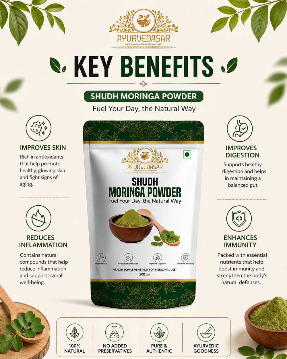 Ayurvedasar Shudh Moringa Powder - 100% Pure Leaf-Only Superfood Churna, 200g