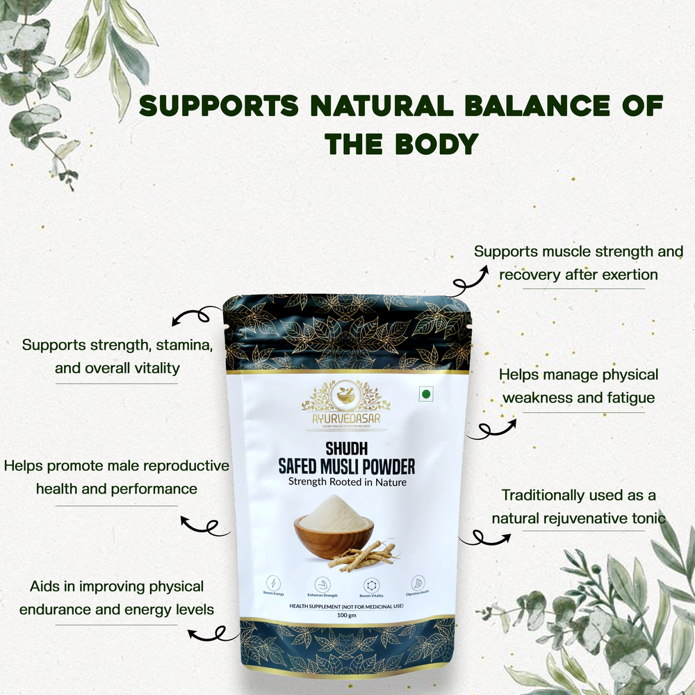 Ayurvedasar Shudh Safed Musli Powder - Pure Unbleached Root Churna for Strength & Stamina, 100g