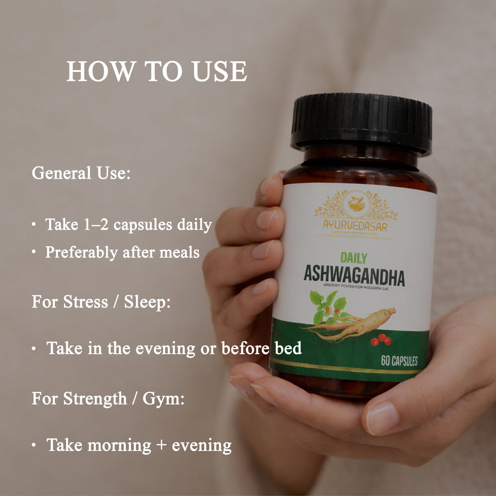 Ayurvedasar Daily Ashwagandha KSM-66 Root Extract - Premium Adaptogen Supplement, 60 Vegan Capsules