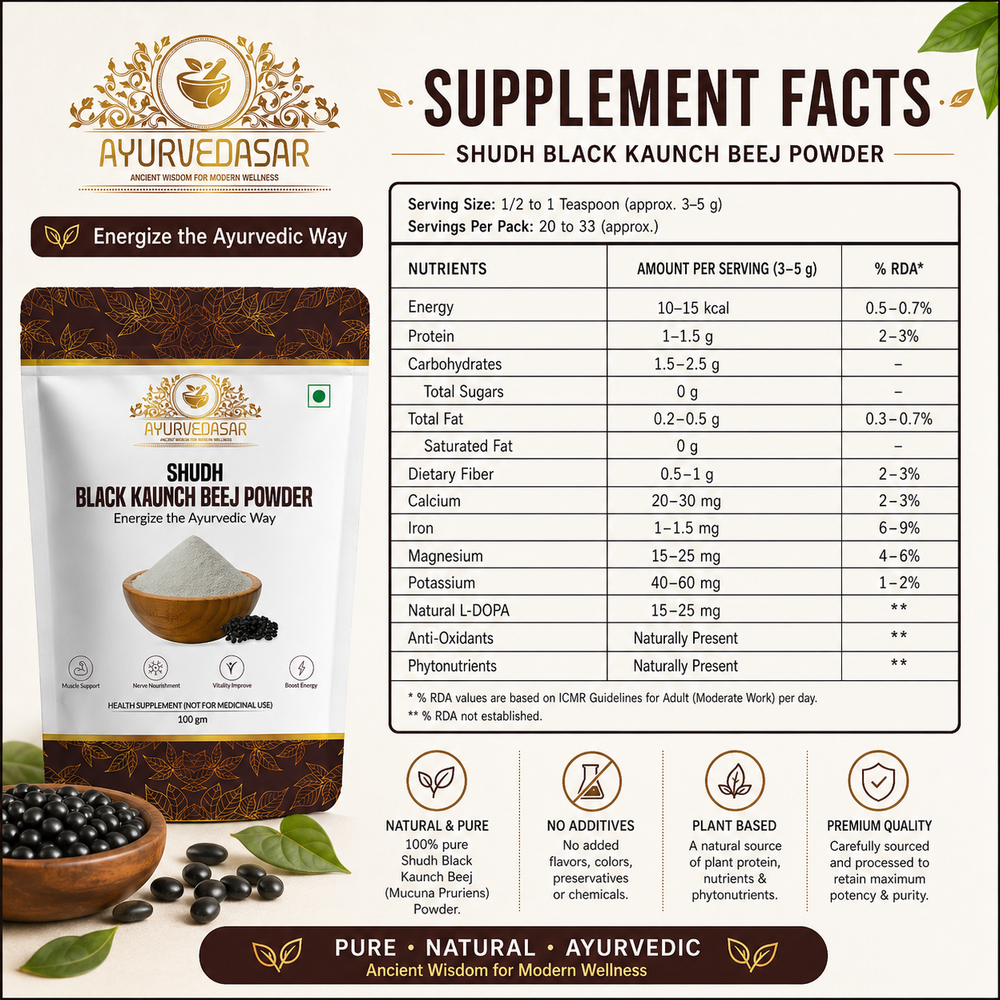 Ayurvedasar Shudh Black Kaunch Beej Powder - Purified Mucuna Pruriens Churna for Focus & Stamina, 100g