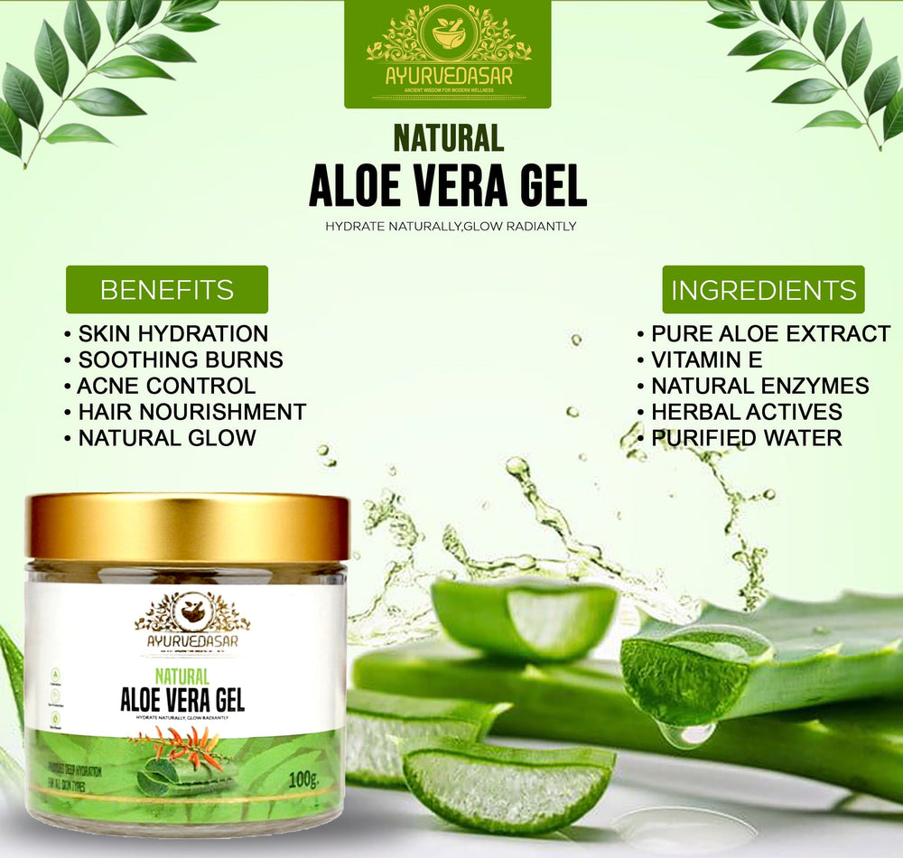 Ayurvedasar 99% Pure Natural Aloe Vera Gel - Cold-Pressed Inner Fillet for Face, Hair & Body, 100g