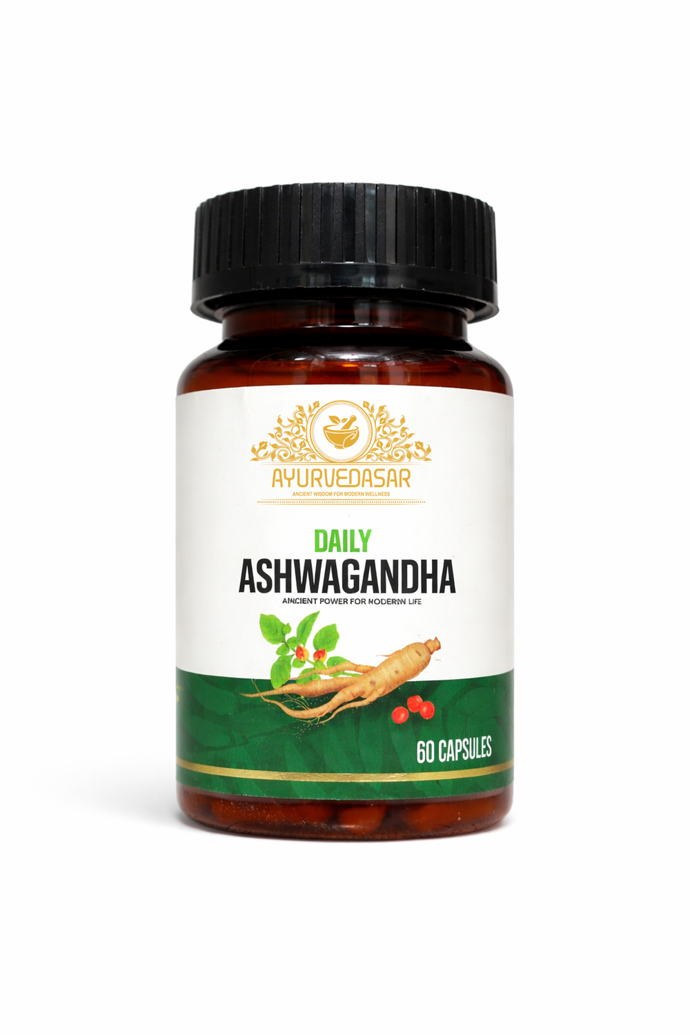 Ayurvedasar Daily Ashwagandha KSM-66 Root Extract - Premium Adaptogen Supplement, 60 Vegan Capsules