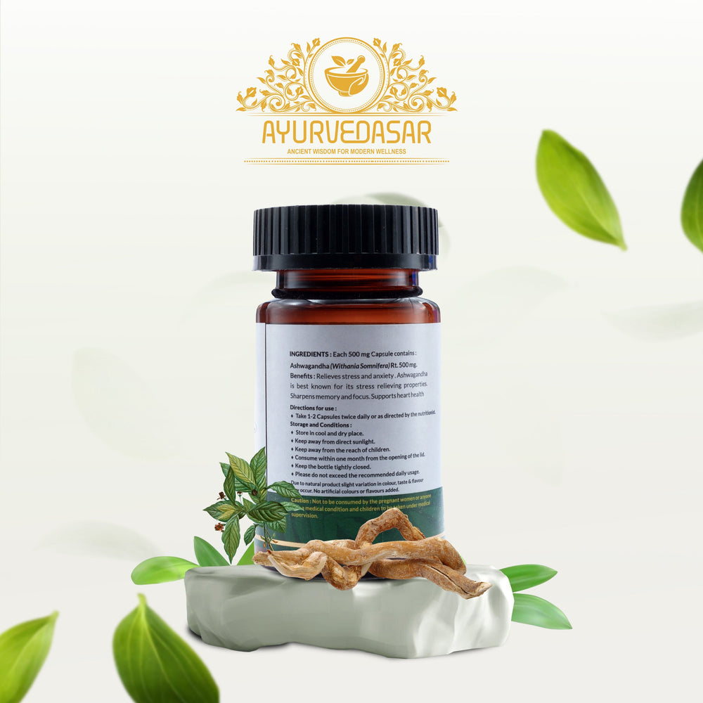 Ayurvedasar Daily Ashwagandha KSM-66 Root Extract - Premium Adaptogen Supplement, 60 Vegan Capsules