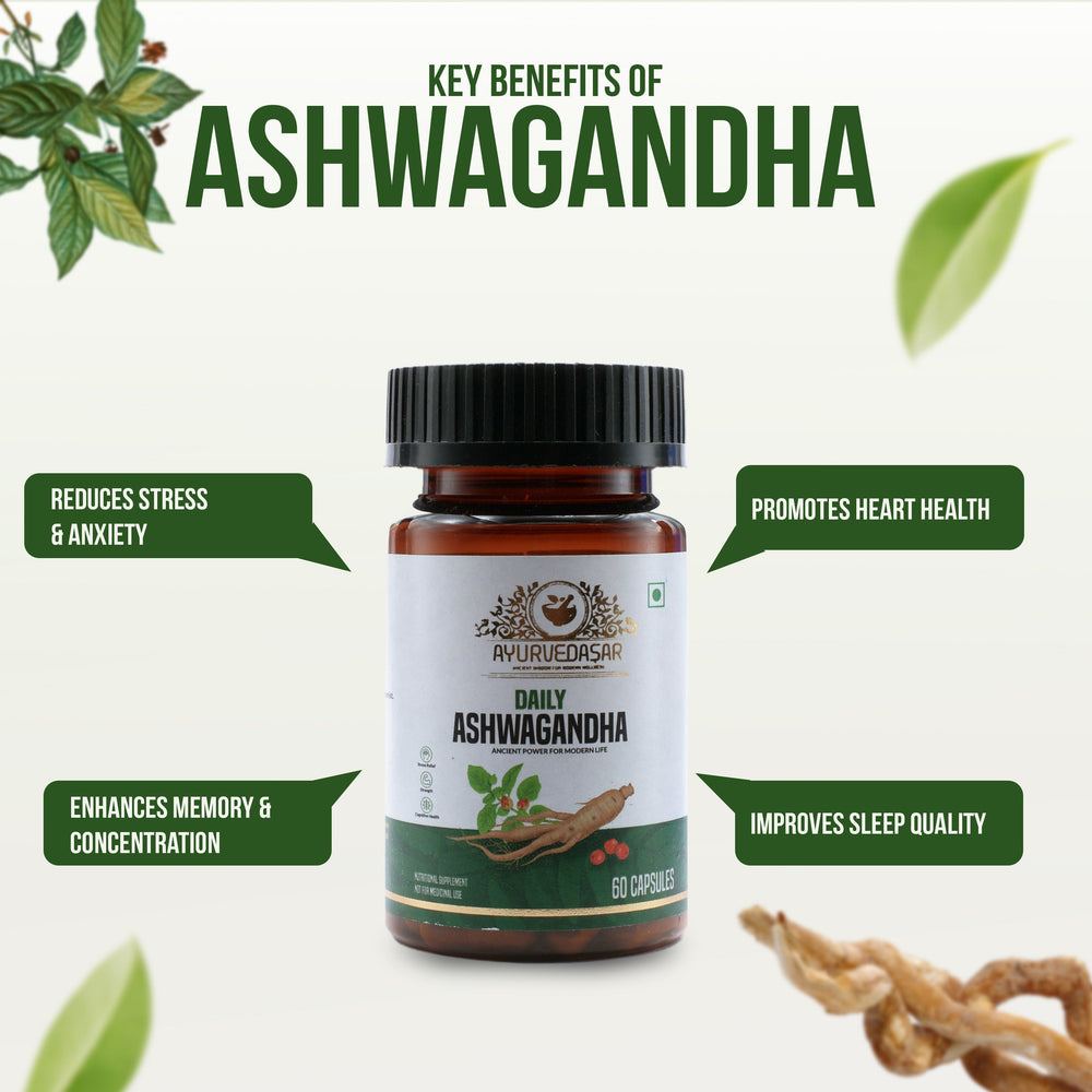 Ayurvedasar Daily Ashwagandha KSM-66 Root Extract - Premium Adaptogen Supplement, 60 Vegan Capsules