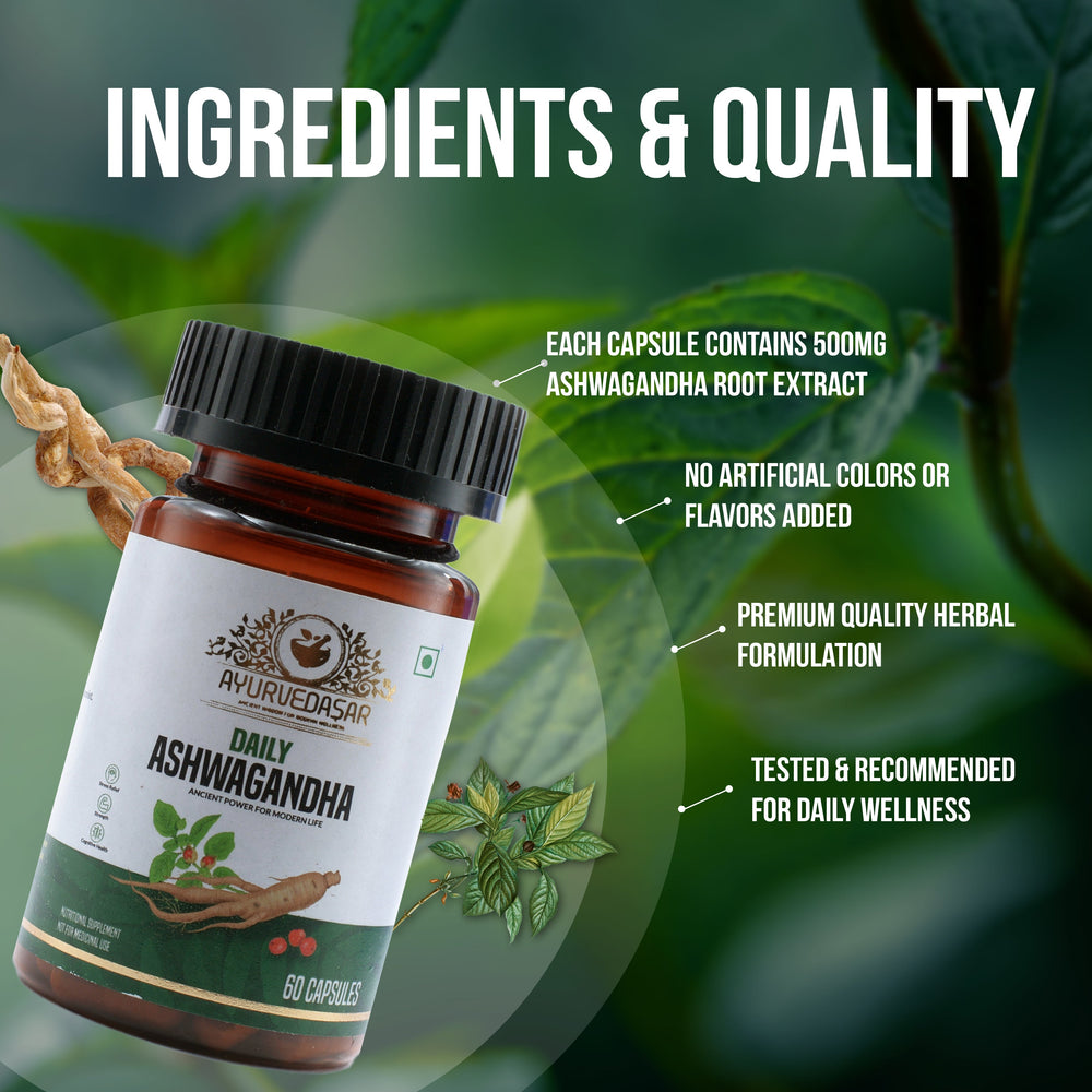 Ayurvedasar Daily Ashwagandha KSM-66 Root Extract - Premium Adaptogen Supplement, 60 Vegan Capsules