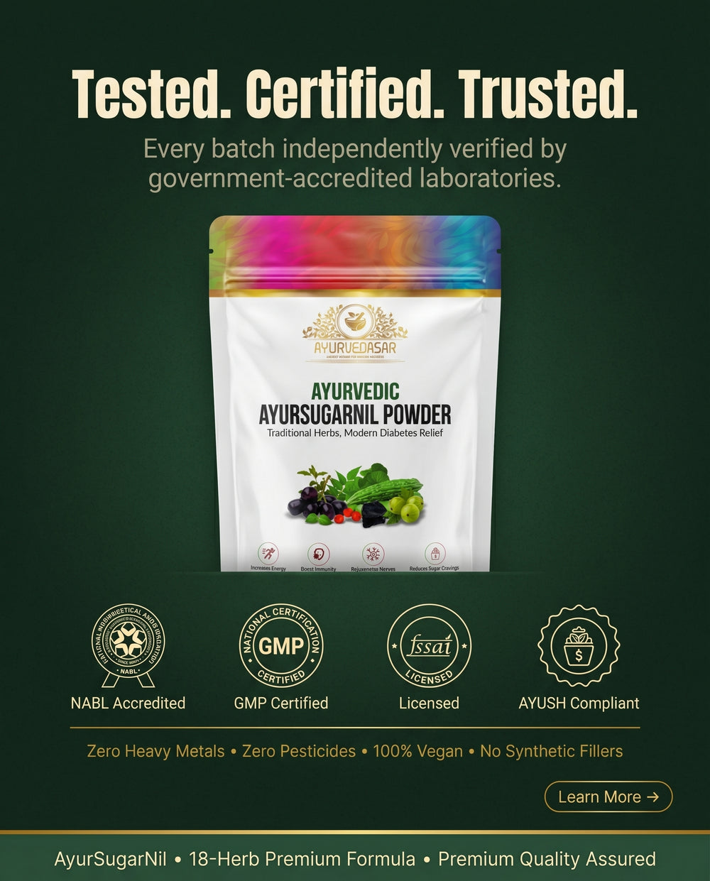 Ayurvedasar Premium Ayursugarnil Powder - 18-Herb Traditional Metabolic Wellness Blend, 100g Pouch